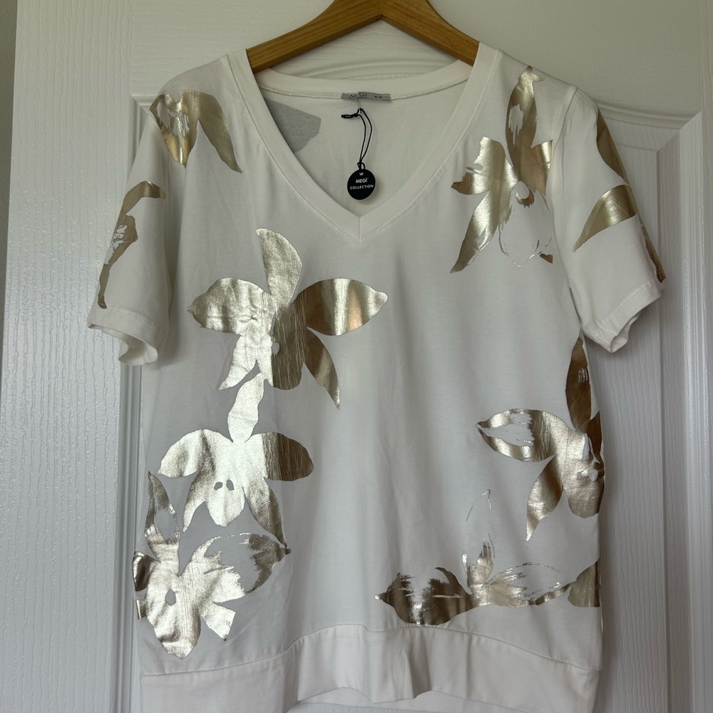 White and Gold Floral Women's Top